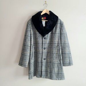 Vintage Con-Roy Casuals gray plaid wool man coat with black faux fur collar.